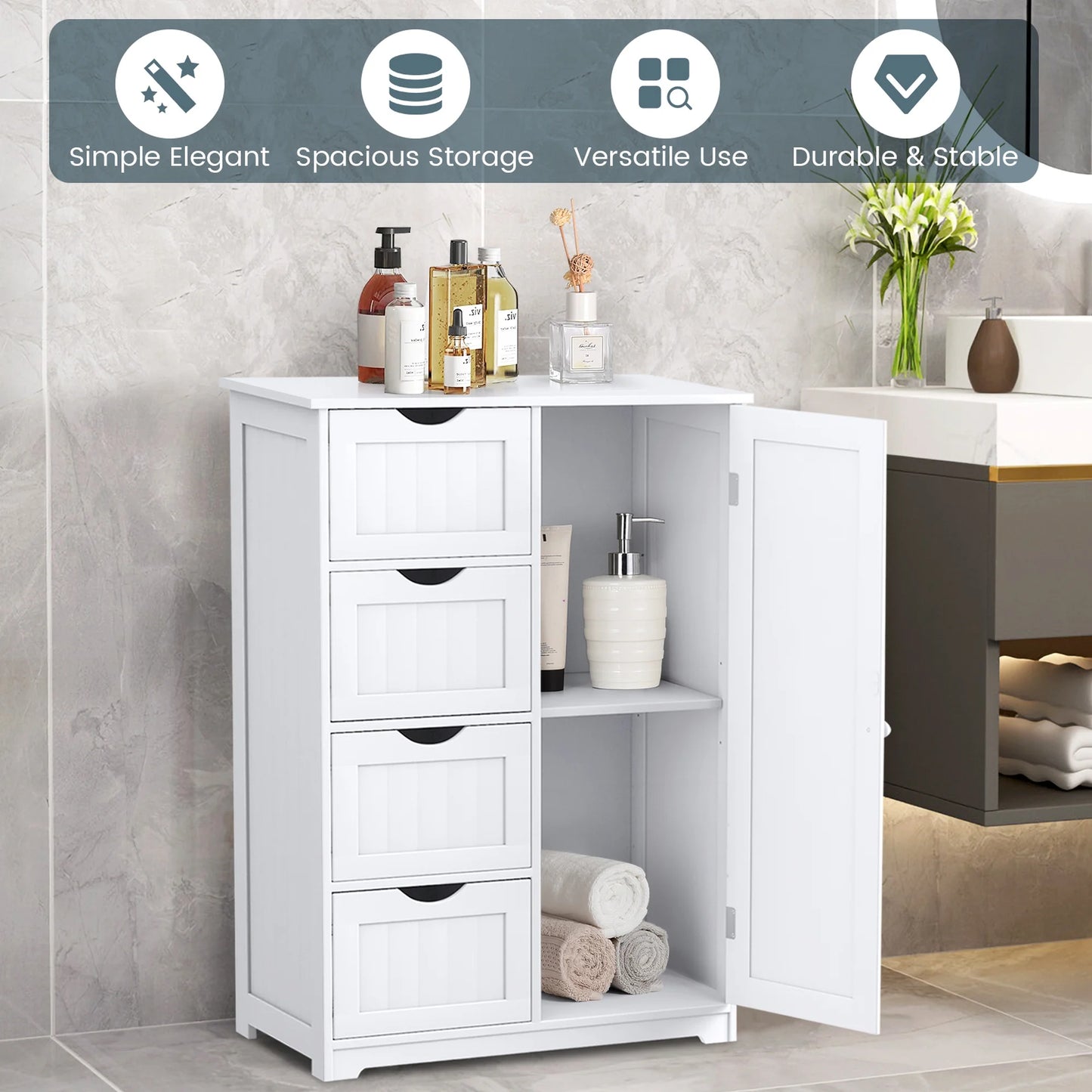 Bathroom Storage Wooden 4 Drawer Cabinet Cupboard 2 Shelves Free Standing White