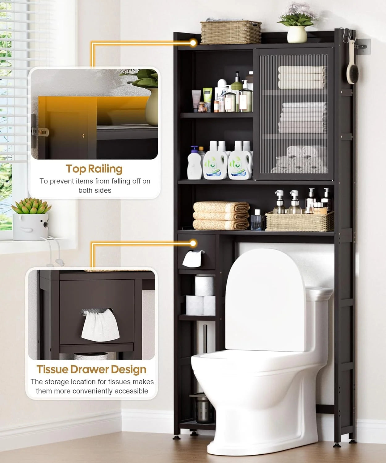 Over The Toilet Storage Cabinet with Acrylic Door Panel and Paper Towel Drawer, Bamboo Space Saver Shelf, Bathroom Organizer Rack Above WC (Without Power Strip, Brown)