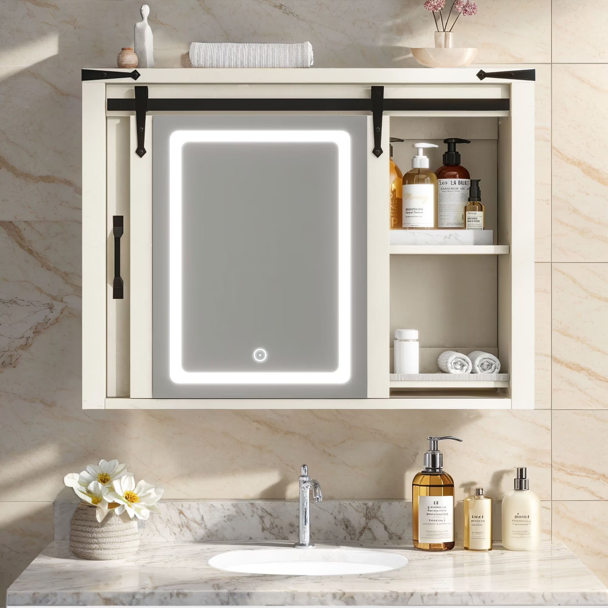 DWVO Bathroom Wall Cabinet with LED Lights Mirror, Medicine Cabinet with Door and Adjustable Shelf, White