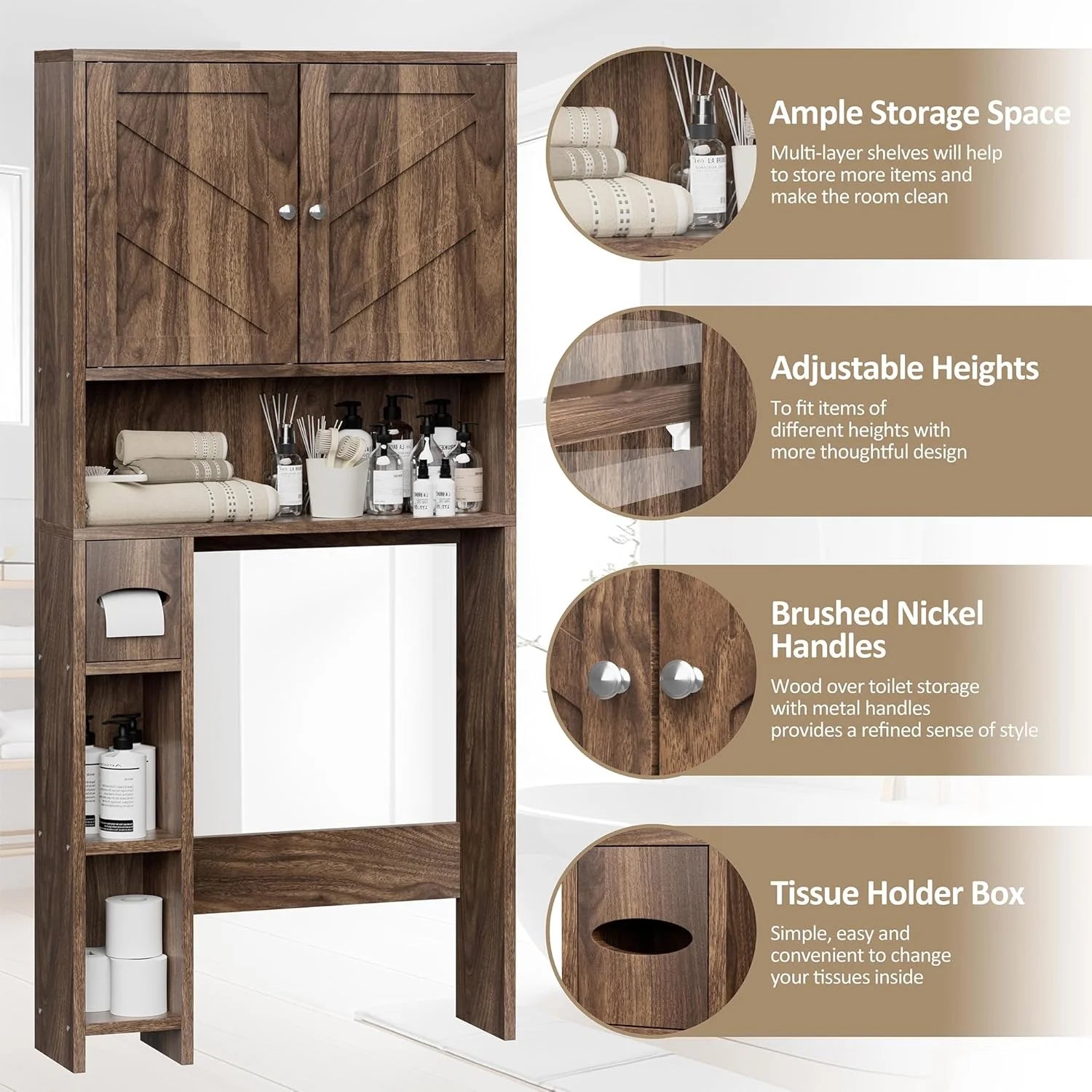 Over The Toilet Storage Cabinet, Farmhouse Storage Cabinet Over Toilet with Toilet Paper Holder Stand, Freestanding Bathroom Storage Organizer Space Saver W/Adjustable Shelf, Walnut