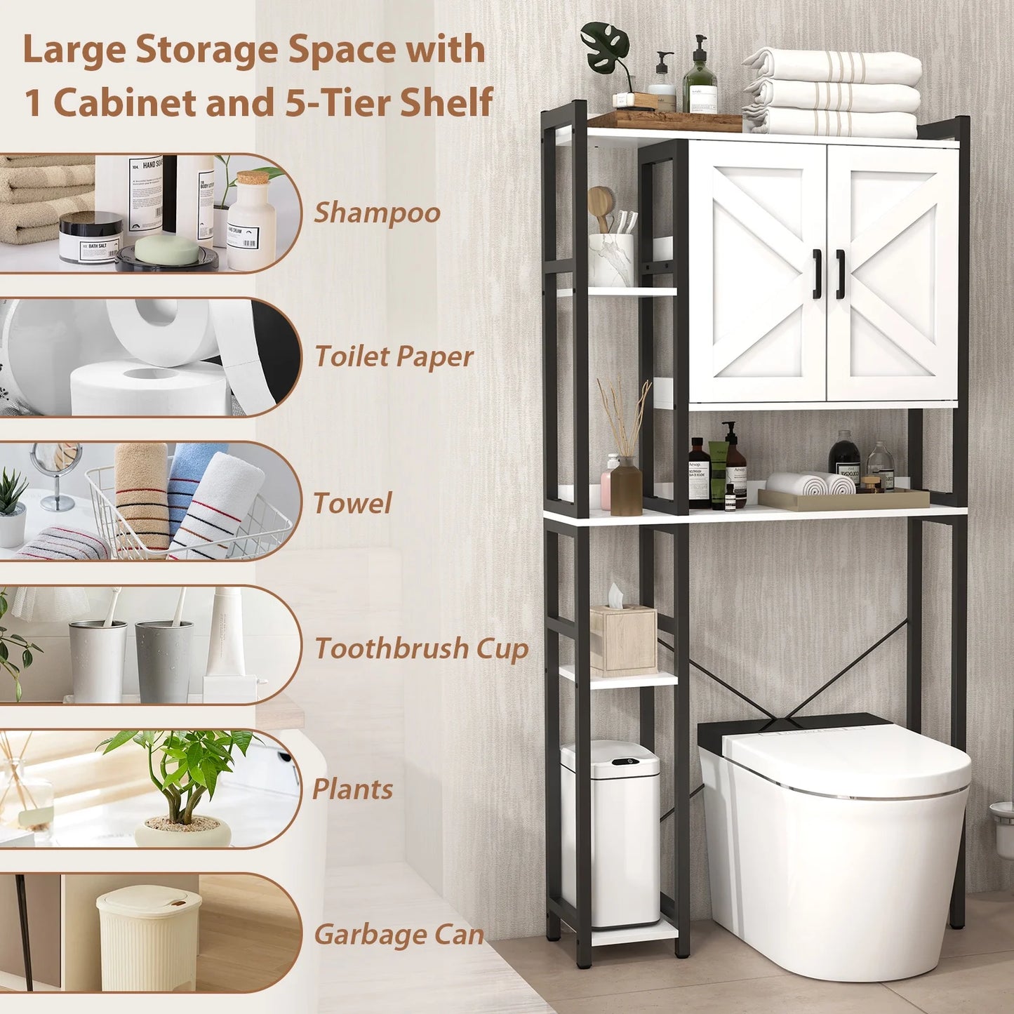 JOIVI Over The Toilet Storage Cabinet, Over Toilet Bathroom Organizer with Adjustable Shelf and Double Doors, Home Space-Saving Toilet Rack, White