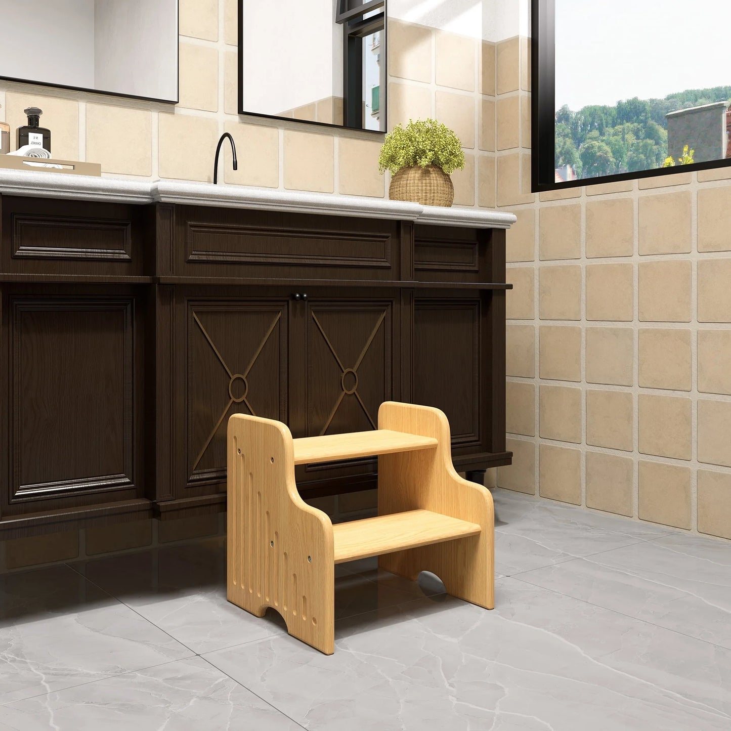 CONSDAN Hardwood Oak 2-Tier Step Stool, Kids Stool for Bathroom Kitchen Toilet, Natural Color