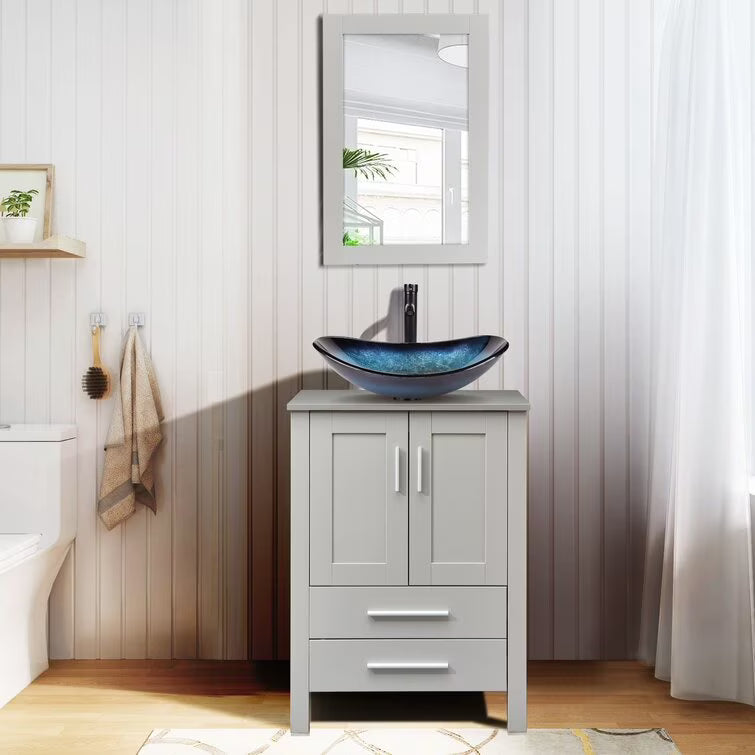 PULUOMIS 24'' Single Bathroom Vanity with Manufactured Wood Top with Mirror, Gray