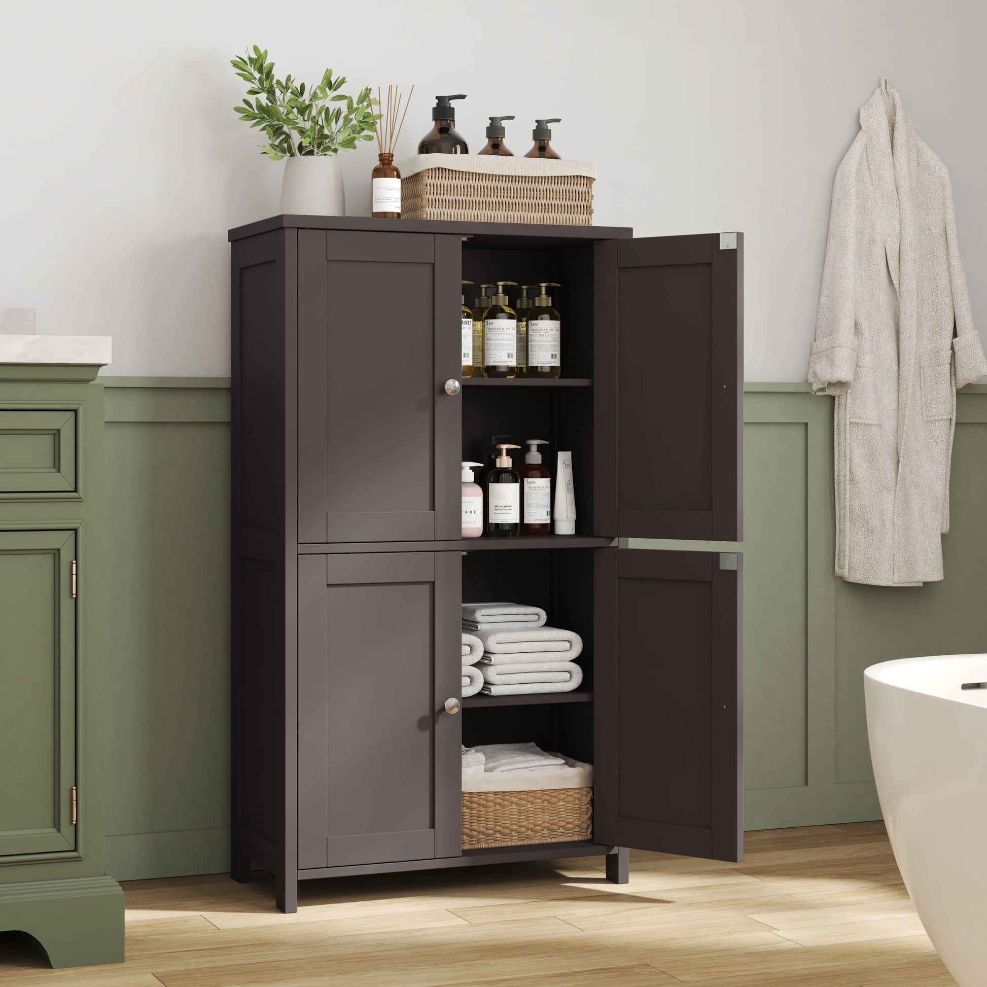 Bathroom Storage Floor Cabinet Organizer with Adjustable Shelf 4 Magnetic Doors 43" Wooden Pantry Cabinet Freestanding for Kitchen Living Room Small Spaces,Brown