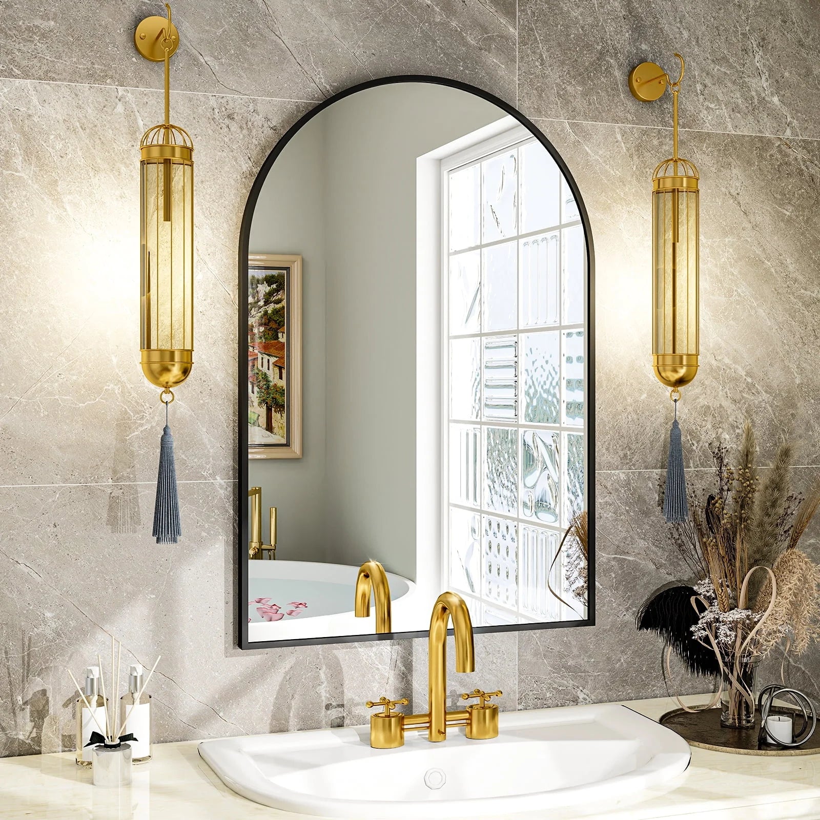 GLSLAND Wall Mounted Mirror, 20" x 30" Arch Bathroom Mirror for Wall, Vanity Mirror for Bedroom, Black
