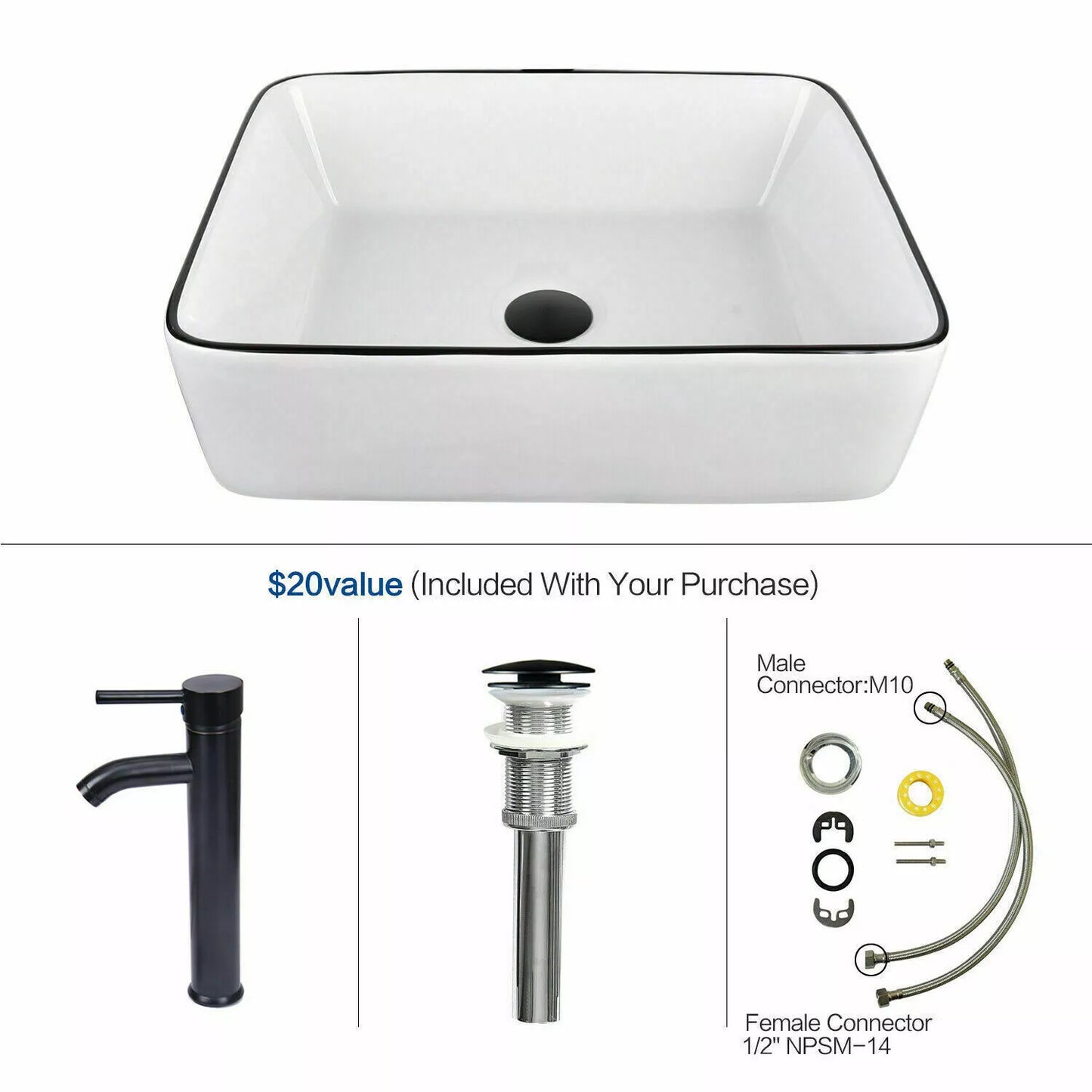 FULLWATT Bathroom Ceramic Sink Vanity Vessel Basin Porcelain Faucet Drain Combo Rectangle,White