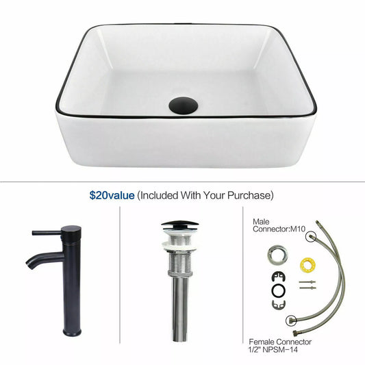 FULLWATT Bathroom Ceramic Sink Vanity Vessel Basin Porcelain Faucet Drain Combo Rectangle,White