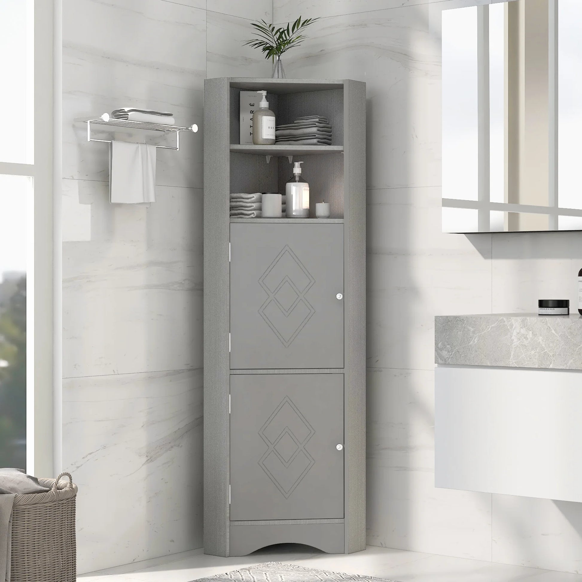 Harper & Bright Designs Bathroom Corner Cabinet Tall Bathroom Storage Floor Cabinet Freestanding Storage Cabinet with Doors and Adjustable Shelves, Gray