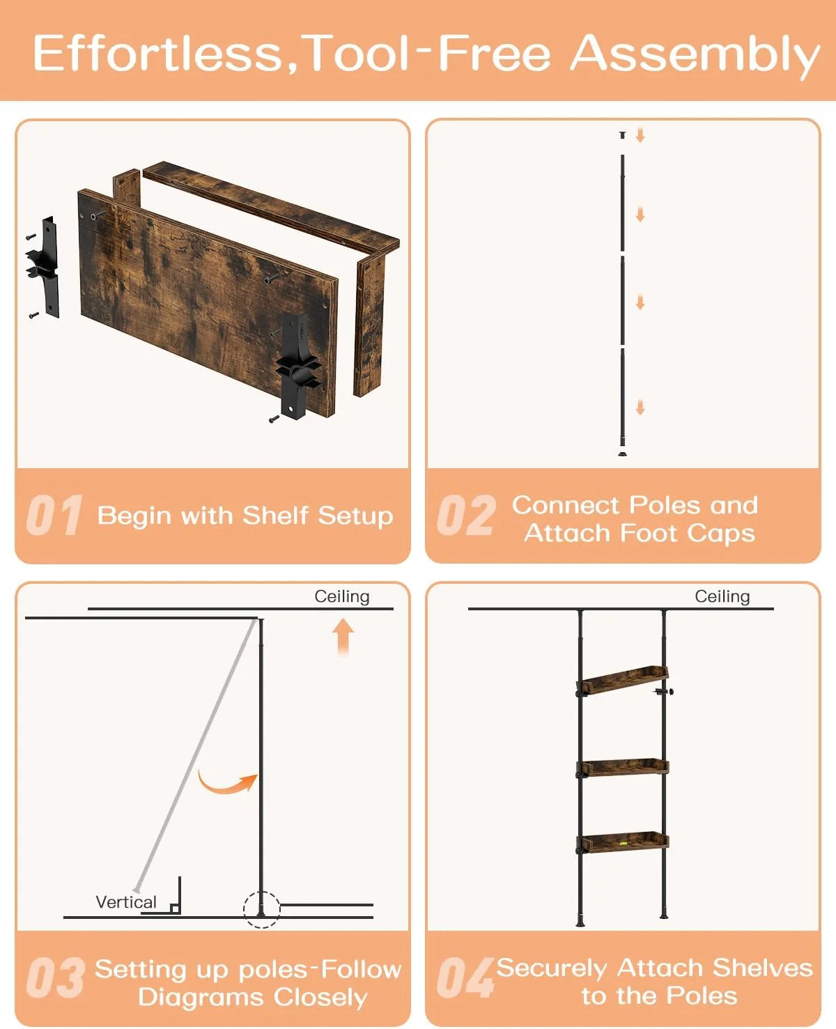 Adjustable Over The Toilet Storage Cabinet, Tension Mount Bathroom Organizers and Storage Over Toilet with 3 Tier Shelves, Over Toilet Bathroom Organizer Fit 92-116 Inch Tall, Rustic Brown