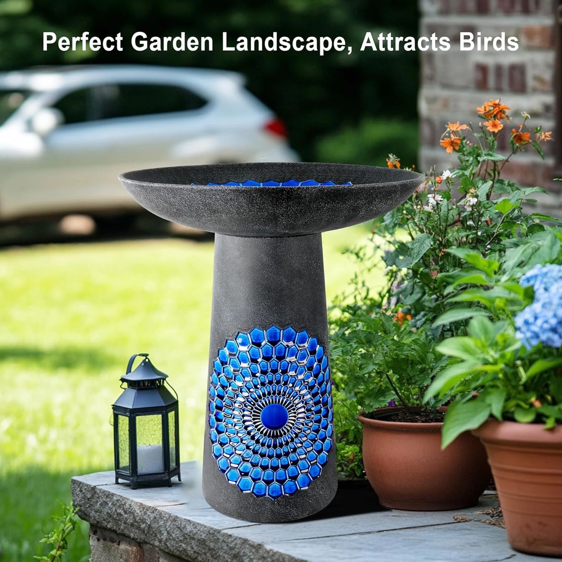 BUYMAX Tall Ceramic Bird Bath for Garden, UV-Resistant, Diamond Blue Grey