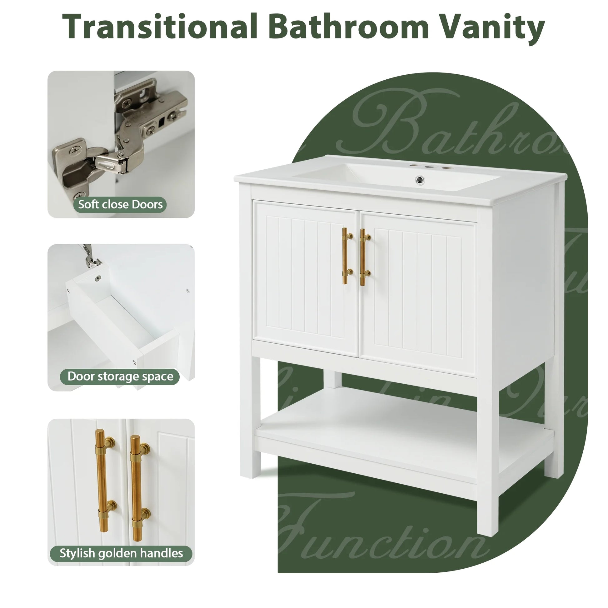 30-Inch White Bathroom Vanity with Ceramic Sink and Versatile Storage - Ideal for Small Bathrooms, White