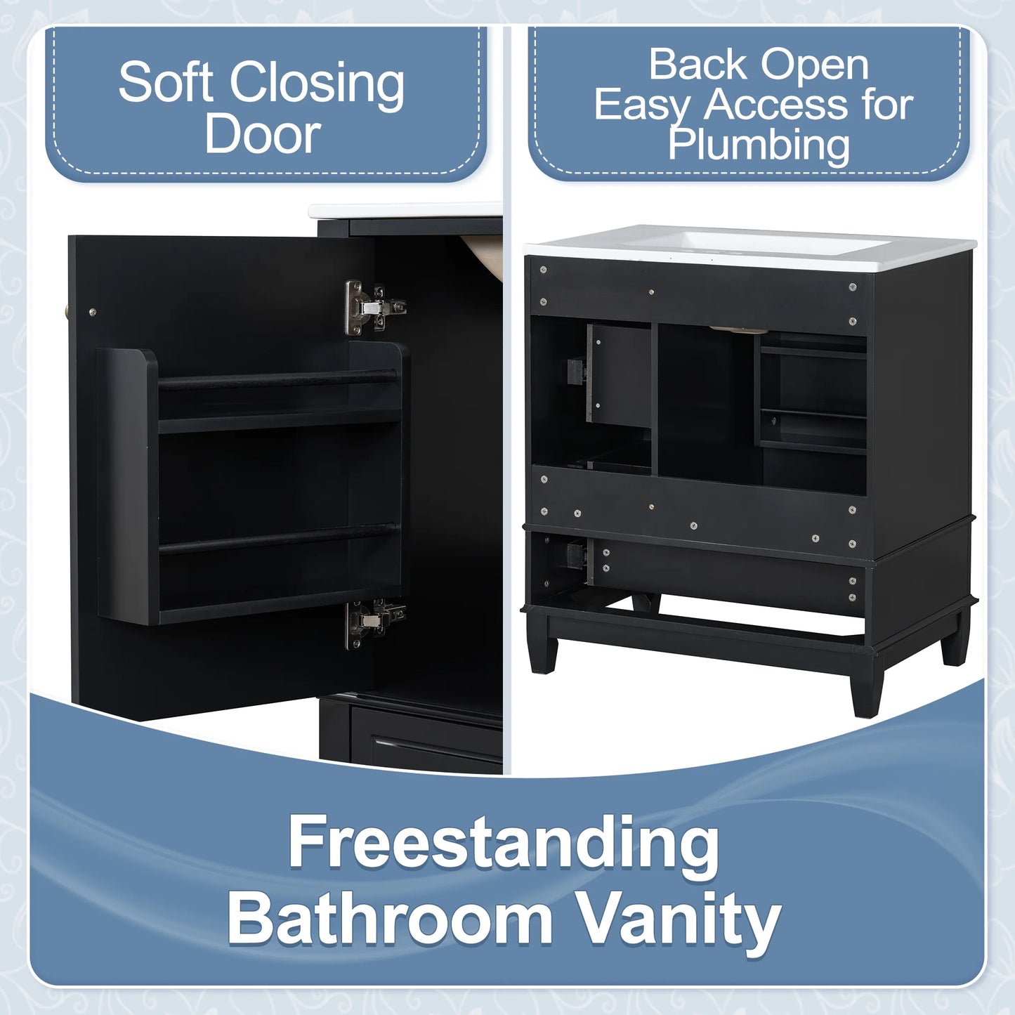 Euroco 30" Bathroom Vanity with Sink, One Door with Shelf and Three Drawers, Soft Close Door