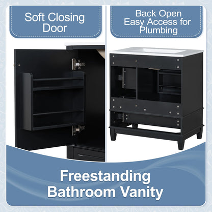 Euroco 30" Bathroom Vanity with Sink, One Door with Shelf and Three Drawers, Soft Close Door