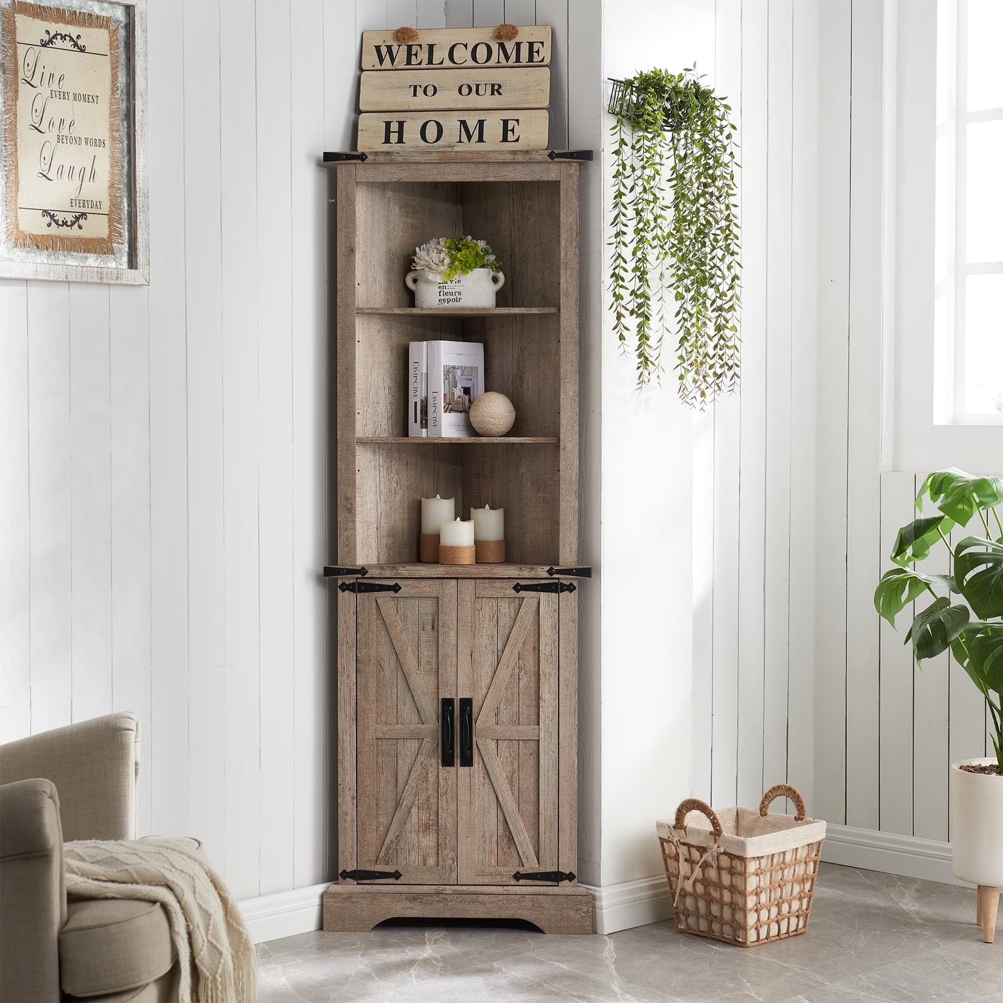 OKD Farmhouse Tall Corner Cabinet with Barn Door & Adjustable Shelves, 68" Rustic Wood Corner Cabinet with Storage Cabinet for Bathroom, Kitchen, Antique White