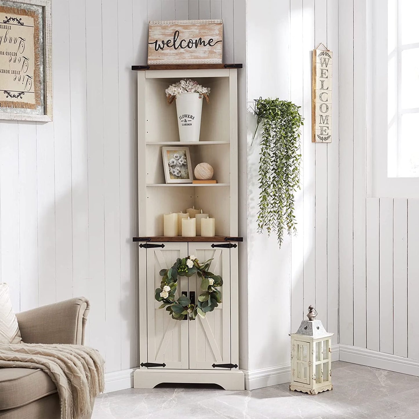 OKD Farmhouse Tall Corner Cabinet with Barn Door & Adjustable Shelves, 68" Rustic Wood Corner Cabinet with Storage Cabinet for Bathroom, Kitchen, Antique White