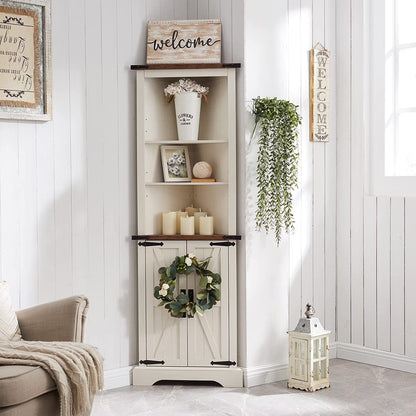 OKD Farmhouse Tall Corner Cabinet with Barn Door & Adjustable Shelves, 68" Rustic Wood Corner Cabinet with Storage Cabinet for Bathroom, Kitchen, Antique White