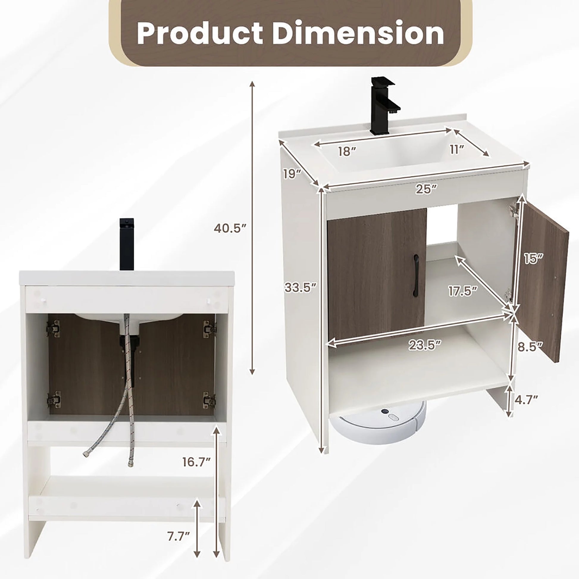 Gymax 25'' Bathroom Vanity Sink Combo w/ Doors Open Shelf Backsplash Faucet Pop Up Drain