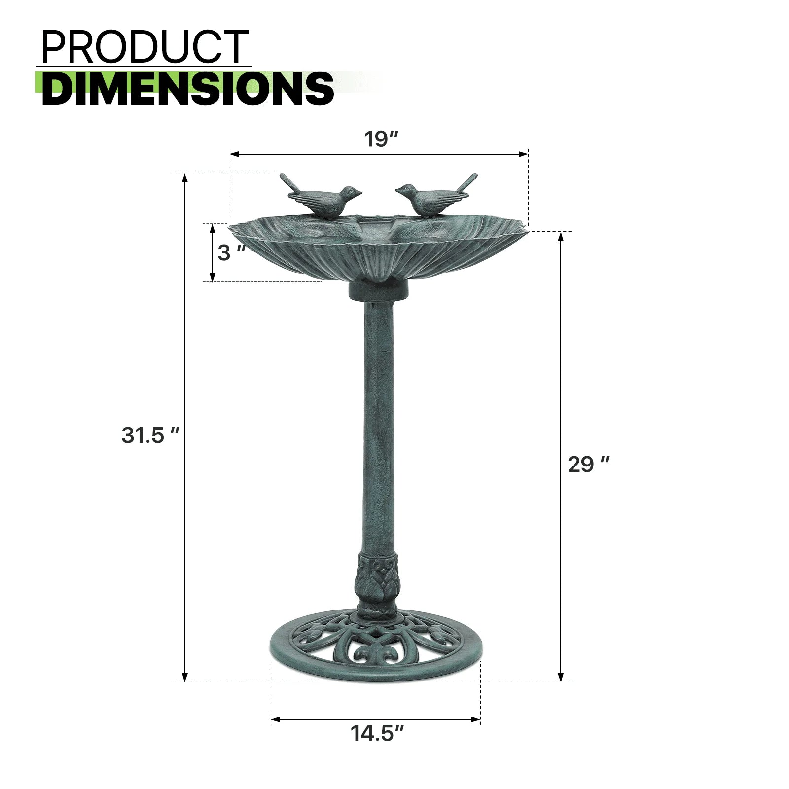 Magshion 28" Outdoor Garden Green Pedestal Bird Bath with Solar Pumb, for Patio Backyard Décor