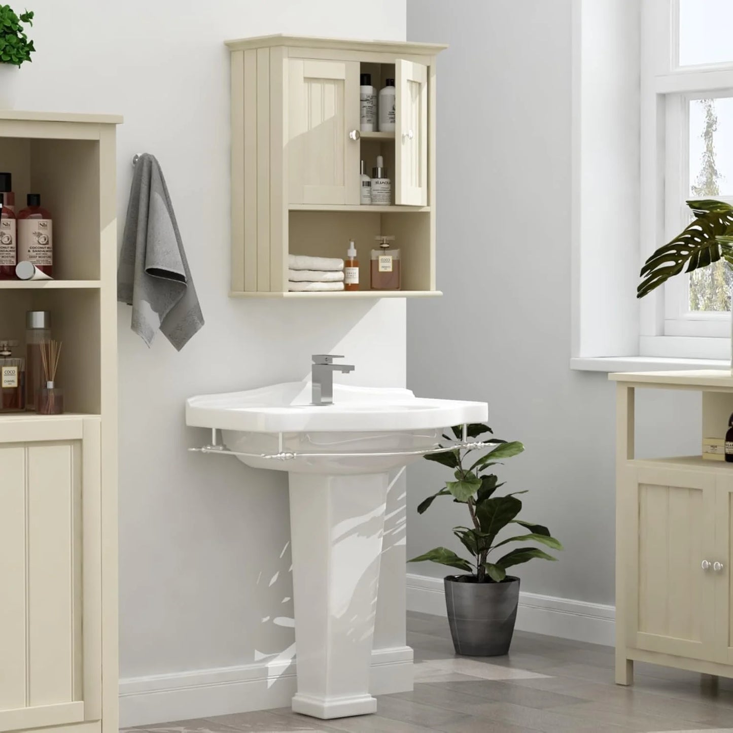 Wood Wall Cabinet, Bathroom Medicine Cabinet Storage with Doors and Adjustable Shelf, Rustic Cabinet Wall Mounted for Bathroom, Living Room, Kitchen, Yellow