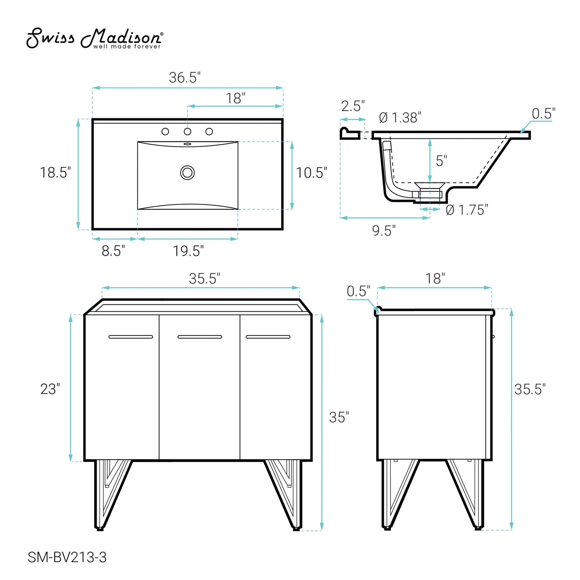 Annecy 36 in. White Bathroom Vanity With White, 3-Hole Ceramic Sink Top