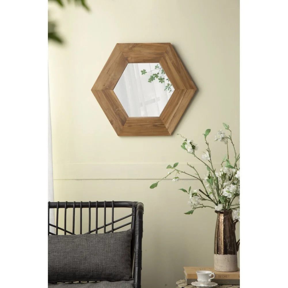 Tcbosik Decorative 18.5" Hexagon Hanging Wall Mirror with Natural Wood Frame and Attached Hanging Bracket, Rustic Farmhouse Decor for the Living Room, Bathroom, Bedroom, and Entryway