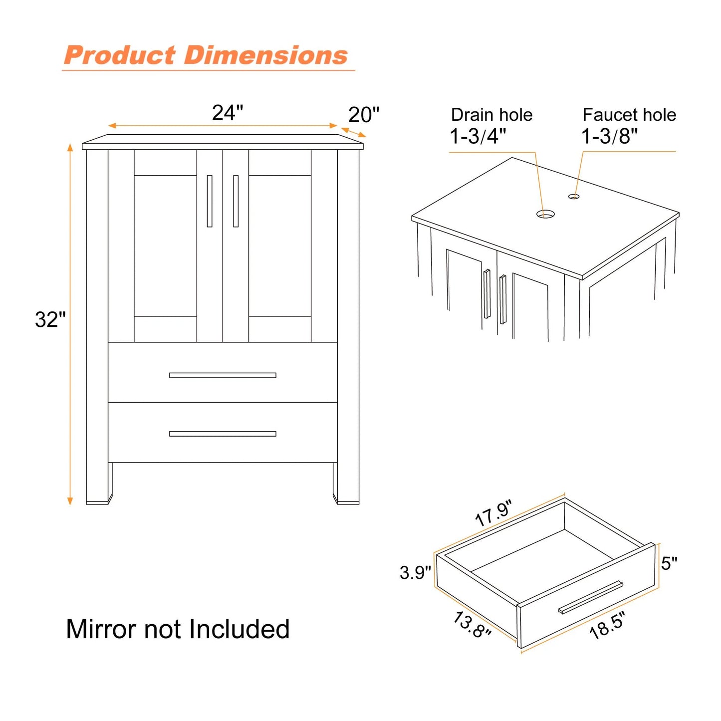 Eclife 24" Freestanding Single Bathroom Vanity with Vessel Sink, Manufactured Wood Vanity Top