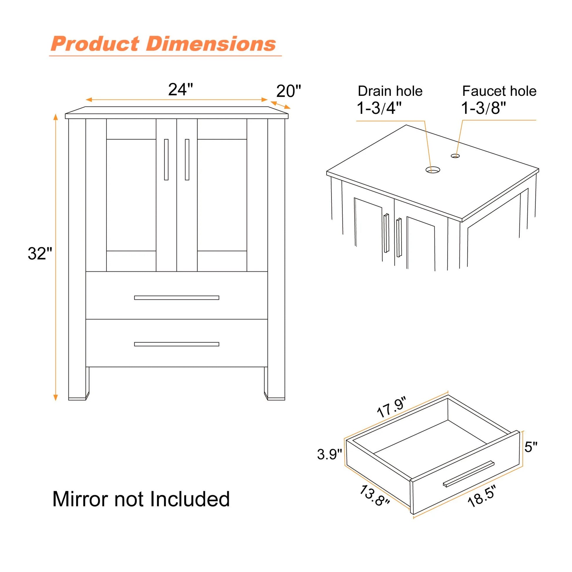 Eclife 24" Freestanding Single Bathroom Vanity with Vessel Sink, Manufactured Wood Vanity Top