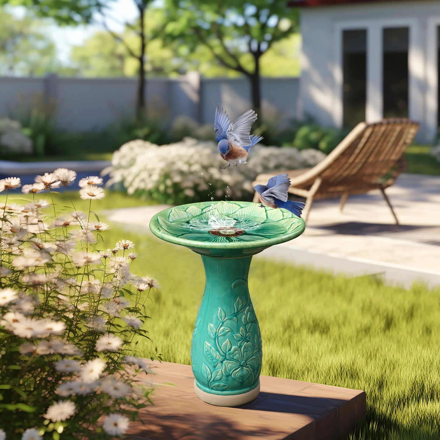 LuxenHome 23 Inch Ceramic Bird Bath for Outside, Elegant Tall Outdoor BirdBath with Floral Embossed Design