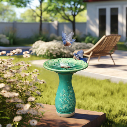 LuxenHome 23 Inch Ceramic Bird Bath for Outside, Elegant Tall Outdoor BirdBath with Floral Embossed Design
