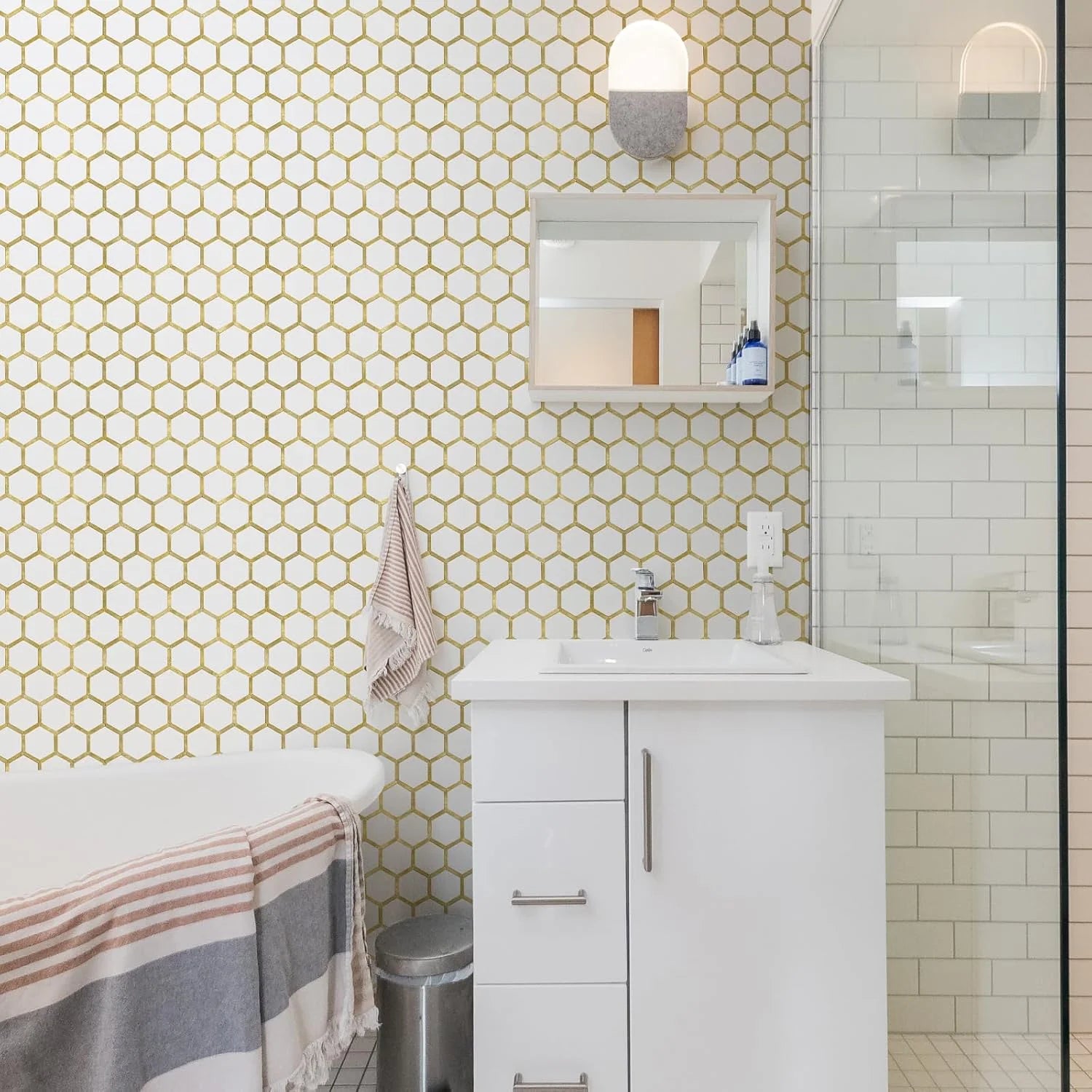 Hexagon Peel and Stick on Backsplash for Kitchen and Bathroom, White Marble Look PVC Mixed Metal Gold Self Adhesive Metal Mosaic Tiles(10 Sheets, Seamless)