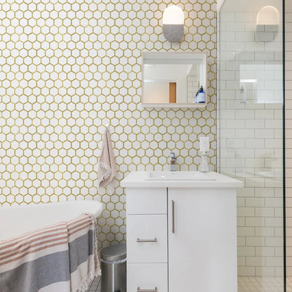 Hexagon Peel and Stick on Backsplash for Kitchen and Bathroom, White Marble Look PVC Mixed Metal Gold Self Adhesive Metal Mosaic Tiles(10 Sheets, Seamless)