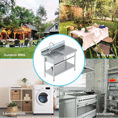 Stainless Steel Utility Sink with Cold and Hot Water Pipes, Free Standing Single Bowl Commercial Kitchen Sink with Workbench,Storage Shelf& Faucet ,For Kitchen,Bathroom,Farmhouse,Indoor,Outdoor