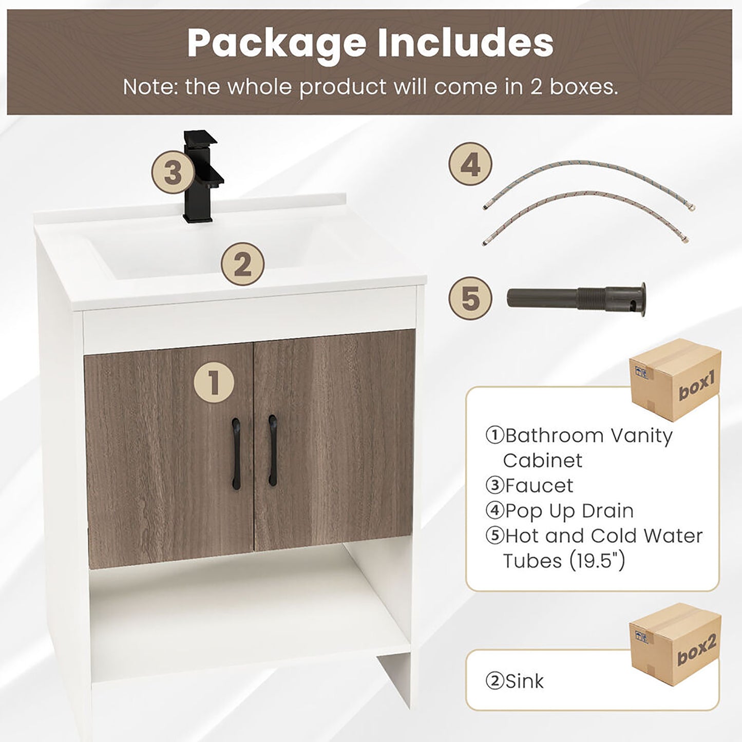 Gymax 25'' Bathroom Vanity Sink Combo w/ Doors Open Shelf Backsplash Faucet Pop Up Drain
