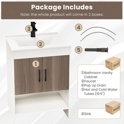 Gymax 25'' Bathroom Vanity Sink Combo w/ Doors Open Shelf Backsplash Faucet Pop Up Drain