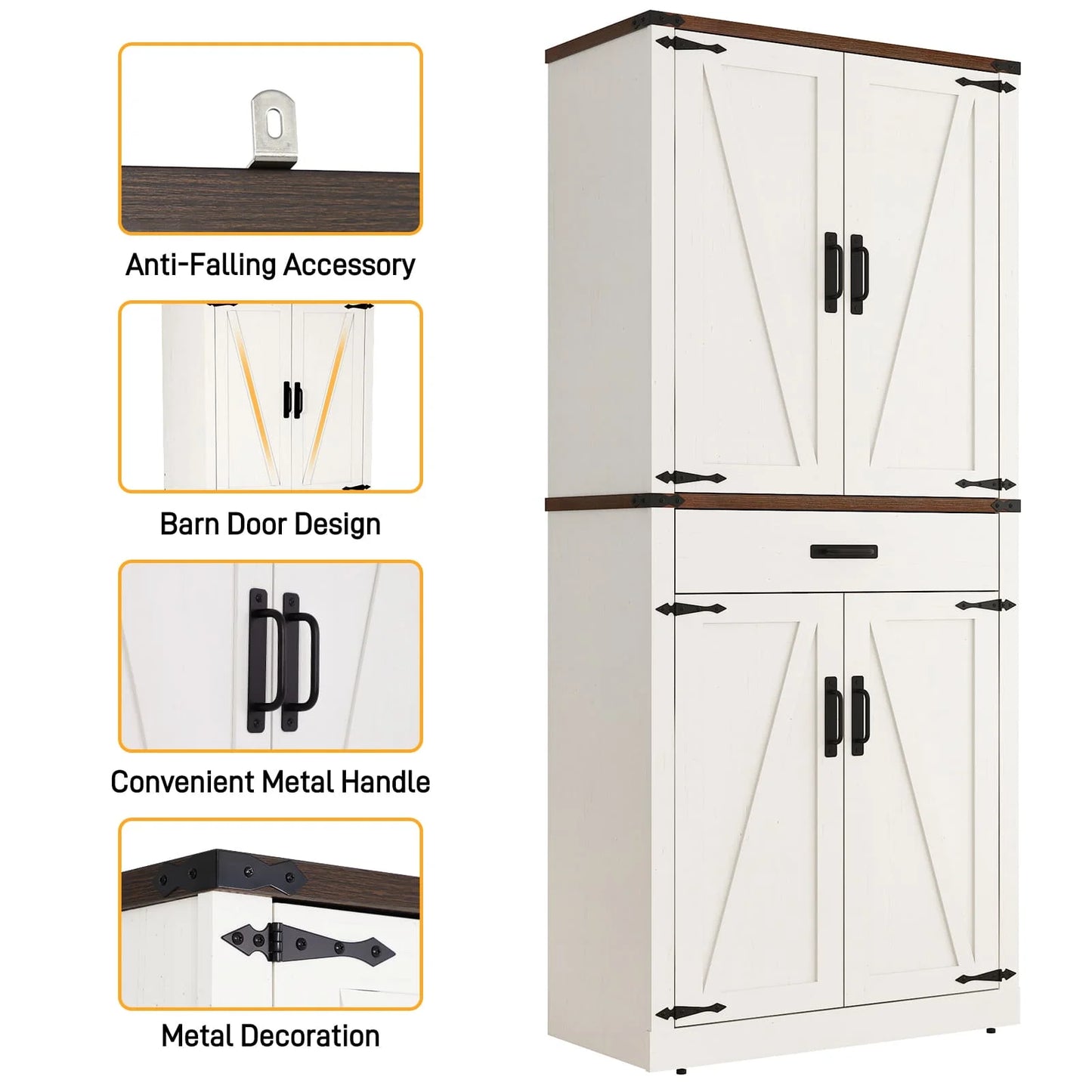 72" Tall Farmhouse Kitchen Pantry Cabinet w/1 Drawer & 4 Roomy Storage Shelves, Versatile Wood Storage Cabinet with 4 Barn Door & Adjustable Shelves & for Dining Room Bathroom Utility Room