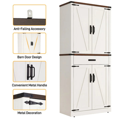 72" Tall Farmhouse Kitchen Pantry Cabinet w/1 Drawer & 4 Roomy Storage Shelves, Versatile Wood Storage Cabinet with 4 Barn Door & Adjustable Shelves & for Dining Room Bathroom Utility Room