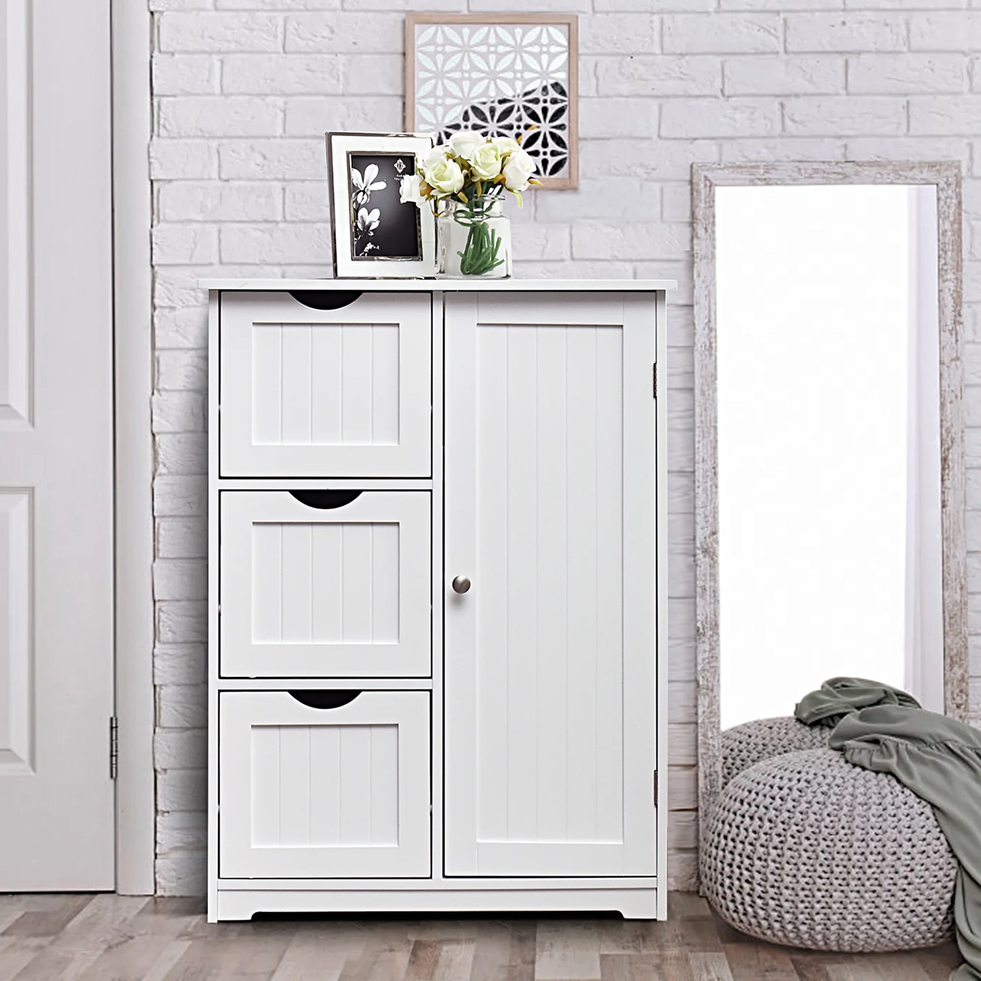 Costway Bathroom Floor Cabinet Side Storage Cabinet with 3 Drawers and 1 Cupboard White