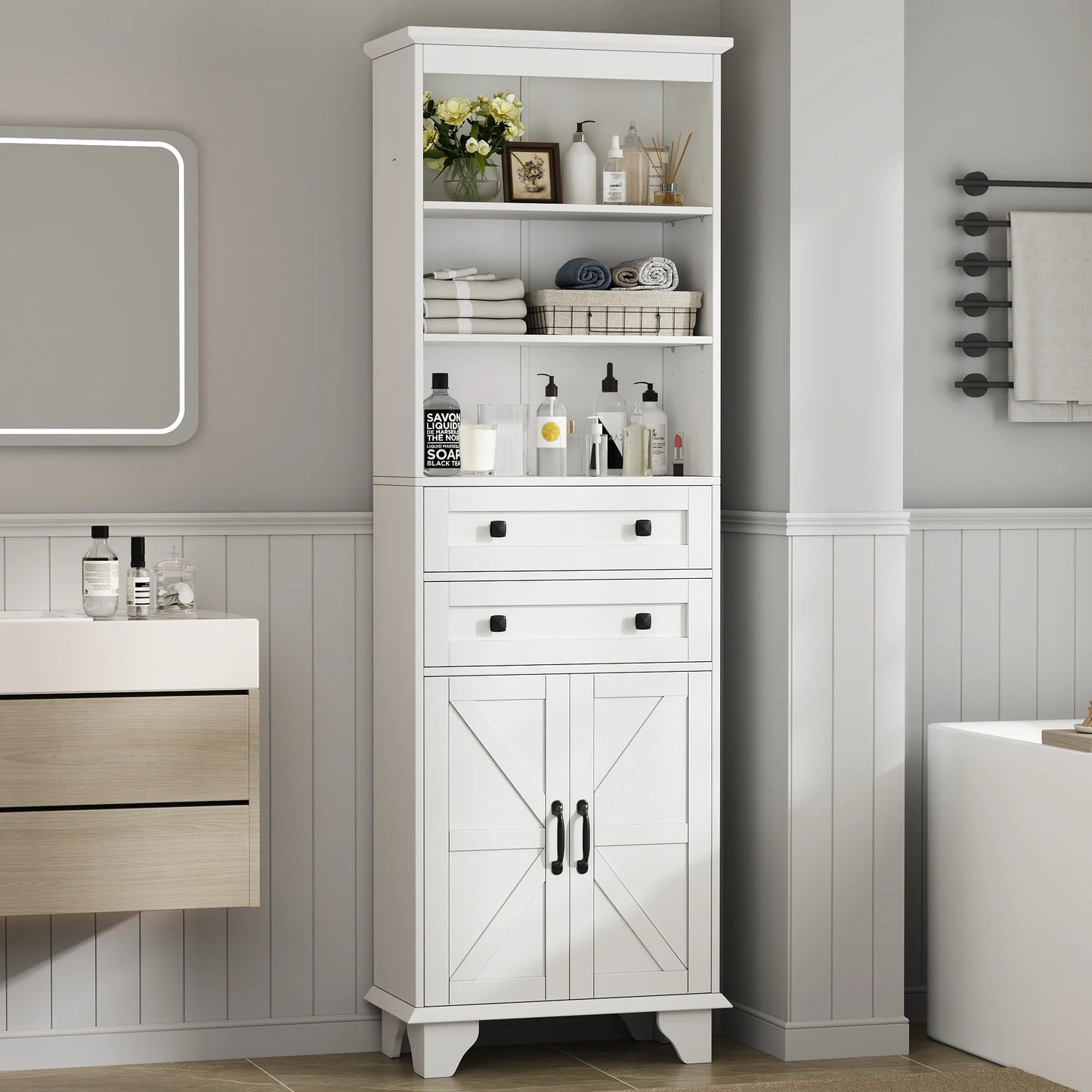 IDEALSOUL Tall Storage Cabinet, 72" Farmhouse Bathroom Storage with 2 Drawers, Adjustable Shelves & Barn Door, Cabinet for Bathroom, Living Room, Kitchen, off-White