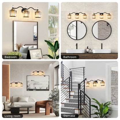 Deyidn 26" Modern 3-Light Black Gold Bathroom Vanity Light - Dimmable Bathroom Transitional Fixture with Crystal Glass Shades