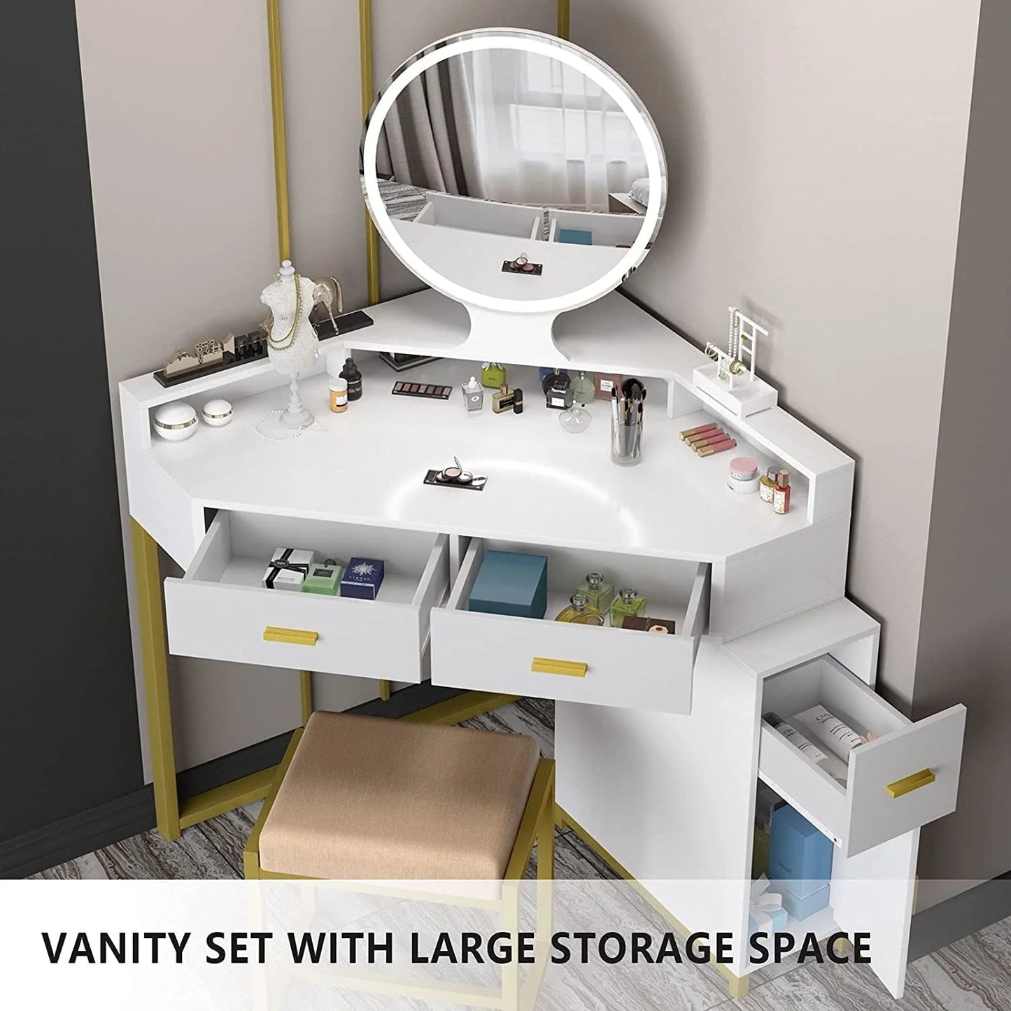 Corner Vanity Set with Lighted Mirror, Makeup Vanity Dressing Table with Drawers, Cabinet and Cushioned Stool, Girls Vanity Desk for Bathroom, Bedroom, White by TZUTOGETHER