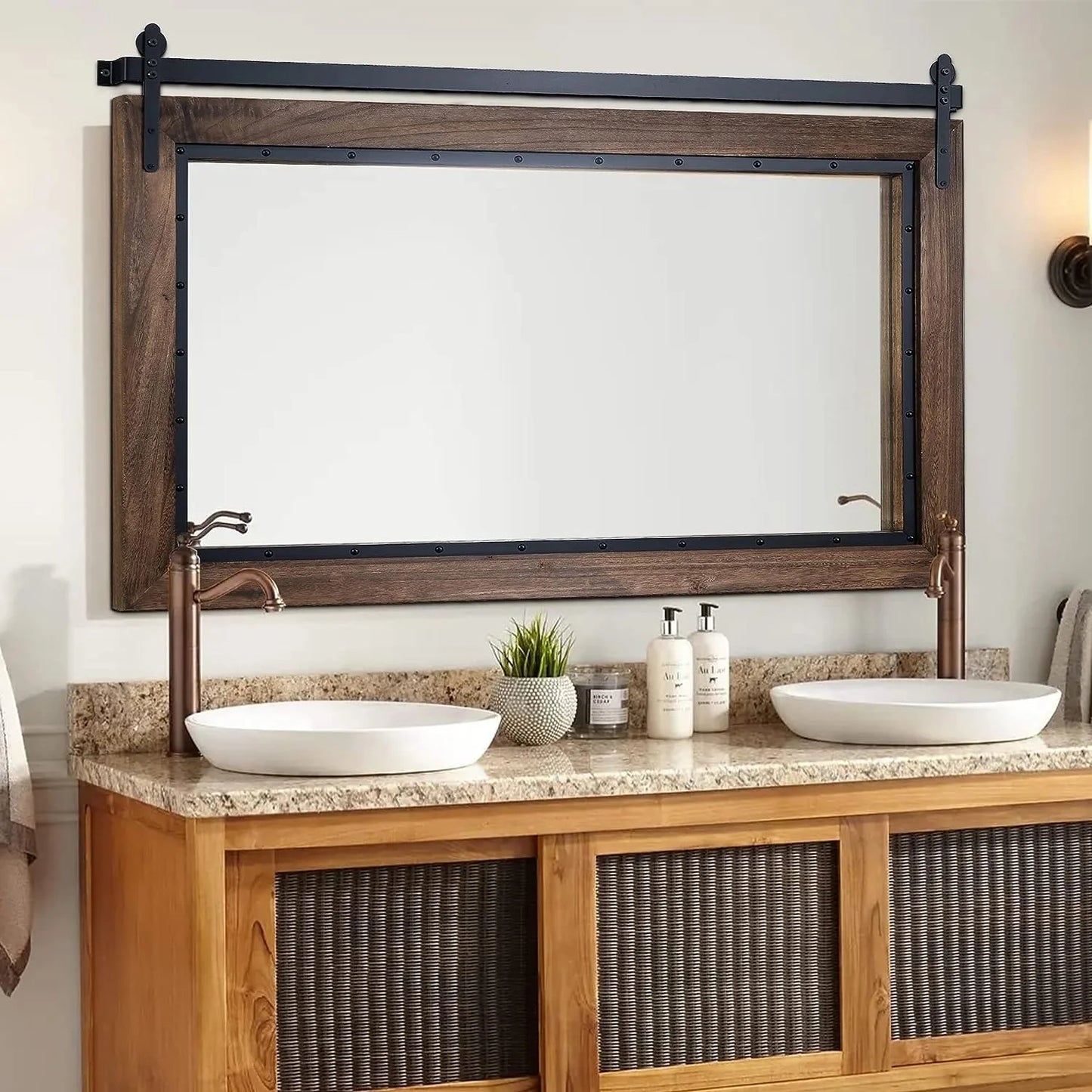 COSMOGO Farmhouse Barn Door Style Natural Wood Bathroom Vanity Wall Mirror 24"x32"