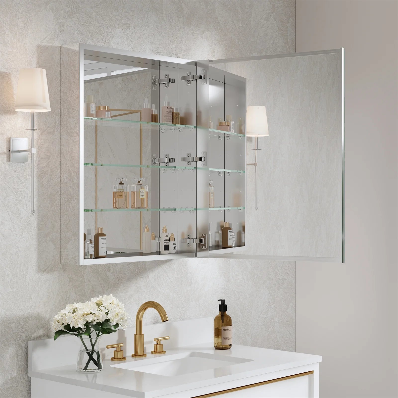 24" x 30" Bi-View Medicine Cabinet with Mirror, Surface Mount or Recessed Mirror Medicine Cabinet for Bathroom, Anodized Chrome Aluminum Frame, Bathroom Mirror Cabinet with Storage Right Open