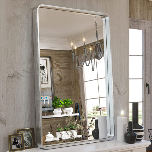 Tetote Silver Bathroom Mirror, 24 x 36 inch Wall Mounted Rectangle Brushed Nickel Metal Framed Modern Vanity Mirror (Horizontal/Vertical)