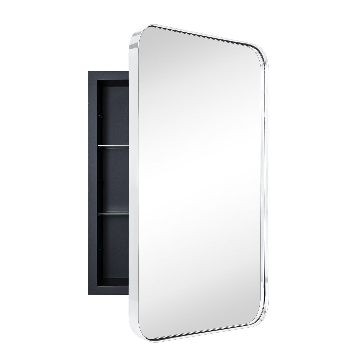 TEHOME Black Rectangle Recessed Bathroom Medicine Cabinet with Mirror Stainless Steel Metal Framed Rounded Rectangular Bathroom Cabinet with Mirror 16x24''