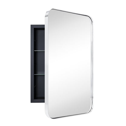 TEHOME Black Rectangle Recessed Bathroom Medicine Cabinet with Mirror Stainless Steel Metal Framed Rounded Rectangular Bathroom Cabinet with Mirror 16x24''