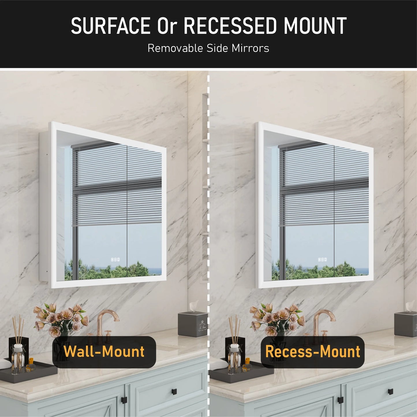 ANGELES HOME 36" x 32" LED Lighted Bathroom Medicine Cabinet with Mirror, 3X Magnification Makeup Mirror, Vanity Mirror Cabinet w/ Defogger, Dimmable, Memory Function, Outlets & USB
