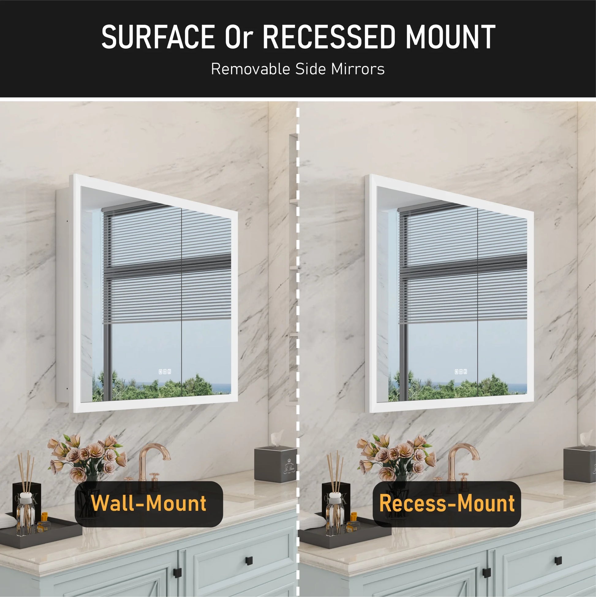 ANGELES HOME 36" x 32" LED Lighted Bathroom Medicine Cabinet with Mirror, 3X Magnification Makeup Mirror, Vanity Mirror Cabinet w/ Defogger, Dimmable, Memory Function, Outlets & USB