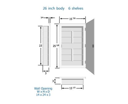 12-1-26-01 Capella 16 in. x 26 in. x 3-1/2 in. Framed Recessed 1 Door Bathroom Medicine Cabinet with 6 Shelves and White Frame