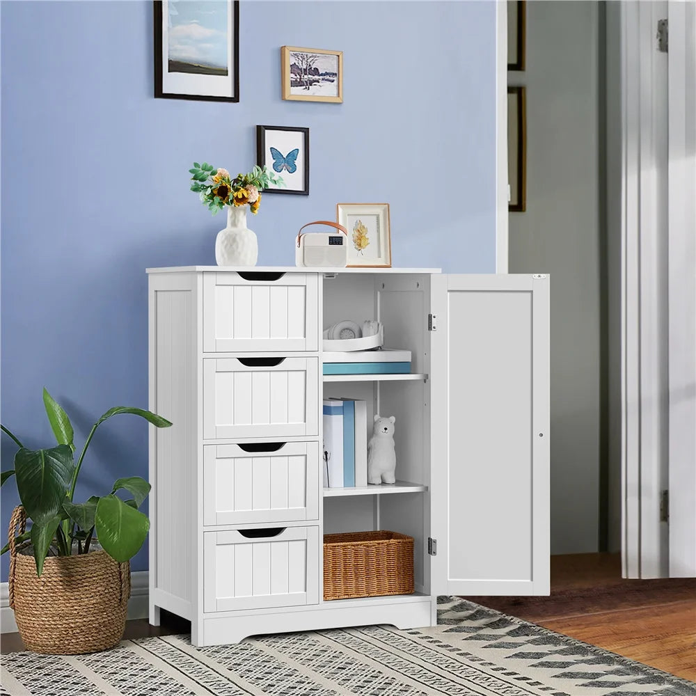 Yaheetech Wooden Free-Standing Bathroom Floor Cabinet with Drawers and Cupboard, White