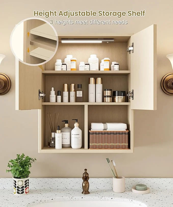 NEW Decorative Wall Cabinet with Motion Sensor LED and Adjustable Shelf for Bathroom ,Kitchen,Study (Oak Natural)